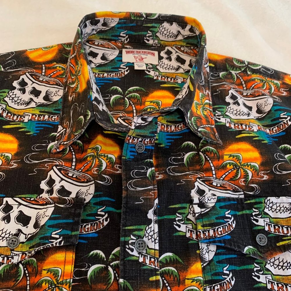 True Religion Button Down Skull and Palms Shirt Size 2XL - Picture 3 of 11